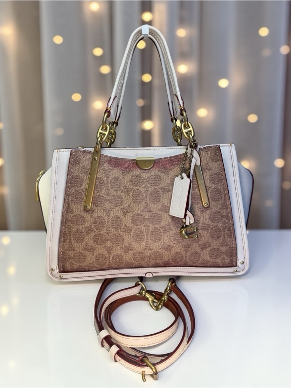 Coach Dreamer 27 Signature Canvas Chalk Leather Satchel Gold Tone w/ Strap - Picture 2 of 11
